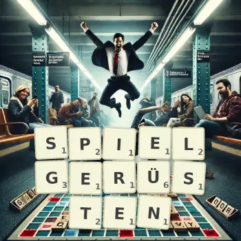 Kreative Illustration für ein Scrabble-Spiel, bei dem das Wort SPIELGERÜSTEN mit Steinen auf dem Brett gelegt wurde.