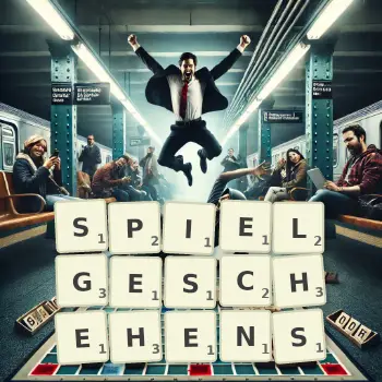 Kreative Illustration für ein Scrabble-Spiel, bei dem das Wort SPIELGESCHEHENS mit Steinen auf dem Brett gelegt wurde.