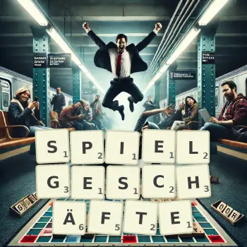 Kreative Illustration für ein Scrabble-Spiel, bei dem das Wort SPIELGESCHÄFTE mit Steinen auf dem Brett gelegt wurde.