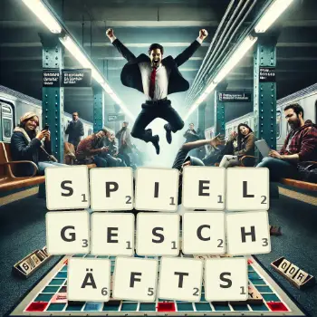 Kreative Illustration für ein Scrabble-Spiel, bei dem das Wort SPIELGESCHÄFTS mit Steinen auf dem Brett gelegt wurde.
