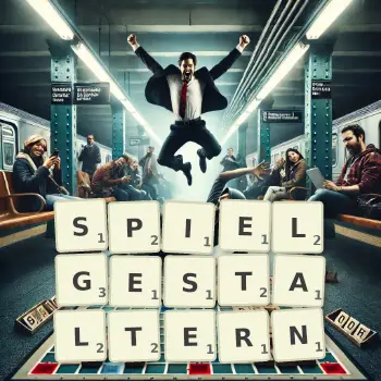 Kreative Illustration für ein Scrabble-Spiel, bei dem das Wort SPIELGESTALTERN mit Steinen auf dem Brett gelegt wurde.