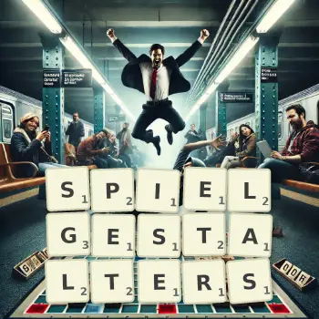 Kreative Illustration für ein Scrabble-Spiel, bei dem das Wort SPIELGESTALTERS mit Steinen auf dem Brett gelegt wurde.