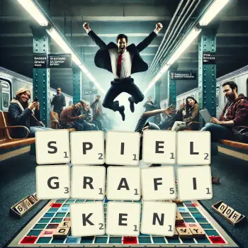 Kreative Illustration für ein Scrabble-Spiel, bei dem das Wort SPIELGRAFIKEN mit Steinen auf dem Brett gelegt wurde.