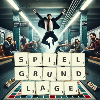 Kreative Illustration für ein Scrabble-Spiel, bei dem das Wort SPIELGRUNDLAGE mit Steinen auf dem Brett gelegt wurde.