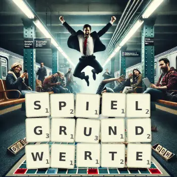 Kreative Illustration für ein Scrabble-Spiel, bei dem das Wort SPIELGRUNDWERTE mit Steinen auf dem Brett gelegt wurde.