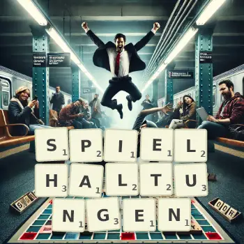 Kreative Illustration für ein Scrabble-Spiel, bei dem das Wort SPIELHALTUNGEN mit Steinen auf dem Brett gelegt wurde.