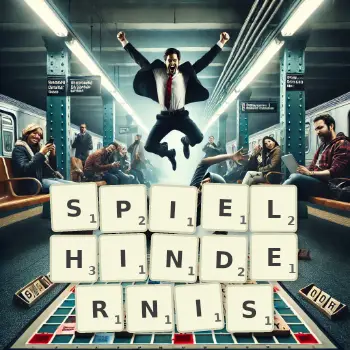 Kreative Illustration für ein Scrabble-Spiel, bei dem das Wort SPIELHINDERNIS mit Steinen auf dem Brett gelegt wurde.