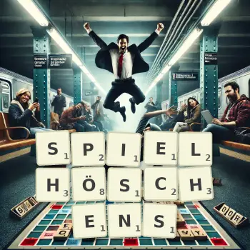 Kreative Illustration für ein Scrabble-Spiel, bei dem das Wort SPIELHÖSCHENS mit Steinen auf dem Brett gelegt wurde.