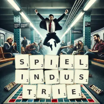 Kreative Illustration für ein Scrabble-Spiel, bei dem das Wort SPIELINDUSTRIE mit Steinen auf dem Brett gelegt wurde.