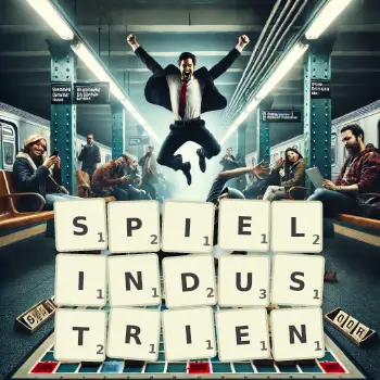 Kreative Illustration für ein Scrabble-Spiel, bei dem das Wort SPIELINDUSTRIEN mit Steinen auf dem Brett gelegt wurde.