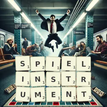 Kreative Illustration für ein Scrabble-Spiel, bei dem das Wort SPIELINSTRUMENT mit Steinen auf dem Brett gelegt wurde.