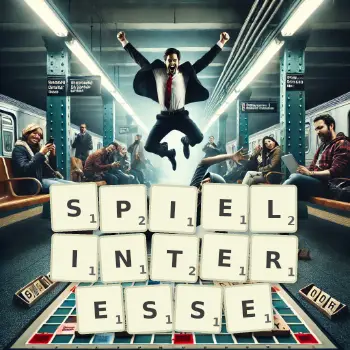 Kreative Illustration für ein Scrabble-Spiel, bei dem das Wort SPIELINTERESSE mit Steinen auf dem Brett gelegt wurde.