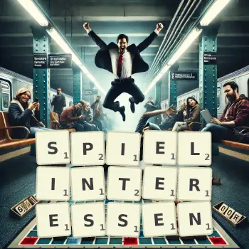Kreative Illustration für ein Scrabble-Spiel, bei dem das Wort SPIELINTERESSEN mit Steinen auf dem Brett gelegt wurde.