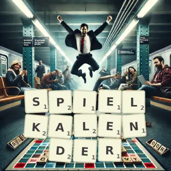Kreative Illustration für ein Scrabble-Spiel, bei dem das Wort SPIELKALENDER mit Steinen auf dem Brett gelegt wurde.