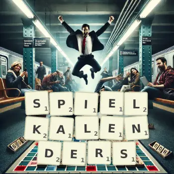Kreative Illustration für ein Scrabble-Spiel, bei dem das Wort SPIELKALENDERS mit Steinen auf dem Brett gelegt wurde.