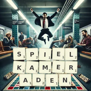 Kreative Illustration für ein Scrabble-Spiel, bei dem das Wort SPIELKAMERADEN mit Steinen auf dem Brett gelegt wurde.