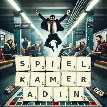 Kreative Illustration für ein Scrabble-Spiel, bei dem das Wort SPIELKAMERADIN mit Steinen auf dem Brett gelegt wurde.
