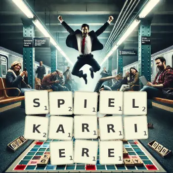 Kreative Illustration für ein Scrabble-Spiel, bei dem das Wort SPIELKARRIERE mit Steinen auf dem Brett gelegt wurde.