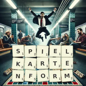 Kreative Illustration für ein Scrabble-Spiel, bei dem das Wort SPIELKARTENFORM mit Steinen auf dem Brett gelegt wurde.