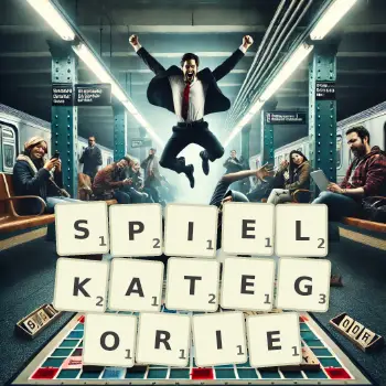 Kreative Illustration für ein Scrabble-Spiel, bei dem das Wort SPIELKATEGORIE mit Steinen auf dem Brett gelegt wurde.