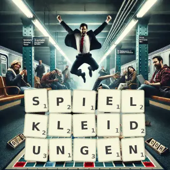 Kreative Illustration für ein Scrabble-Spiel, bei dem das Wort SPIELKLEIDUNGEN mit Steinen auf dem Brett gelegt wurde.