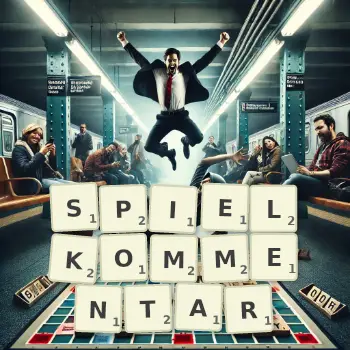 Kreative Illustration für ein Scrabble-Spiel, bei dem das Wort SPIELKOMMENTAR mit Steinen auf dem Brett gelegt wurde.