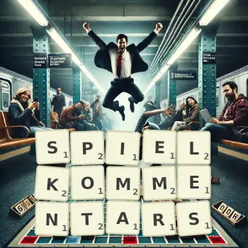 Kreative Illustration für ein Scrabble-Spiel, bei dem das Wort SPIELKOMMENTARS mit Steinen auf dem Brett gelegt wurde.