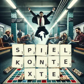 Kreative Illustration für ein Scrabble-Spiel, bei dem das Wort SPIELKONTEXTE mit Steinen auf dem Brett gelegt wurde.