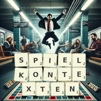 Kreative Illustration für ein Scrabble-Spiel, bei dem das Wort SPIELKONTEXTEN mit Steinen auf dem Brett gelegt wurde.