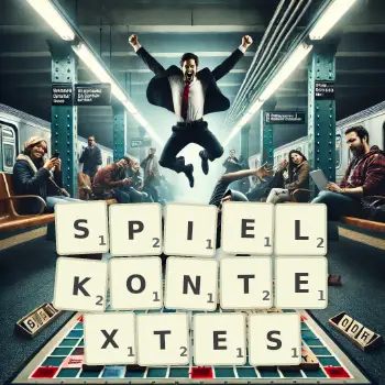 Kreative Illustration für ein Scrabble-Spiel, bei dem das Wort SPIELKONTEXTES mit Steinen auf dem Brett gelegt wurde.
