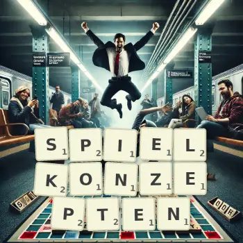Kreative Illustration für ein Scrabble-Spiel, bei dem das Wort SPIELKONZEPTEN mit Steinen auf dem Brett gelegt wurde.