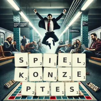 Kreative Illustration für ein Scrabble-Spiel, bei dem das Wort SPIELKONZEPTES mit Steinen auf dem Brett gelegt wurde.