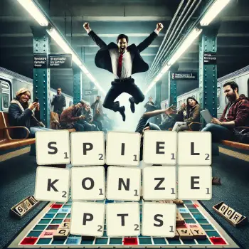 Kreative Illustration für ein Scrabble-Spiel, bei dem das Wort SPIELKONZEPTS mit Steinen auf dem Brett gelegt wurde.