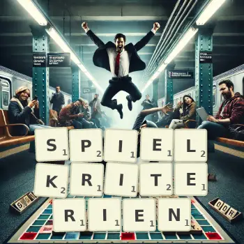 Kreative Illustration für ein Scrabble-Spiel, bei dem das Wort SPIELKRITERIEN mit Steinen auf dem Brett gelegt wurde.