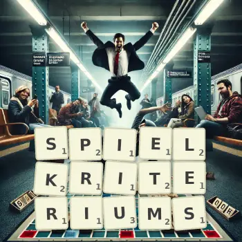 Kreative Illustration für ein Scrabble-Spiel, bei dem das Wort SPIELKRITERIUMS mit Steinen auf dem Brett gelegt wurde.