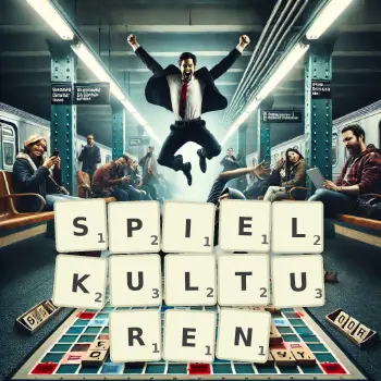 Kreative Illustration für ein Scrabble-Spiel, bei dem das Wort SPIELKULTUREN mit Steinen auf dem Brett gelegt wurde.