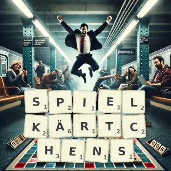 Kreative Illustration für ein Scrabble-Spiel, bei dem das Wort SPIELKÄRTCHENS mit Steinen auf dem Brett gelegt wurde.