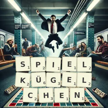 Kreative Illustration für ein Scrabble-Spiel, bei dem das Wort SPIELKÜGELCHEN mit Steinen auf dem Brett gelegt wurde.