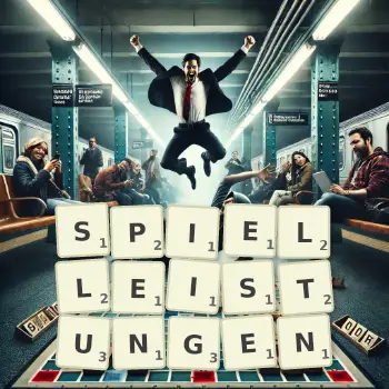 Kreative Illustration für ein Scrabble-Spiel, bei dem das Wort SPIELLEISTUNGEN mit Steinen auf dem Brett gelegt wurde.
