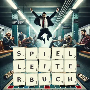 Kreative Illustration für ein Scrabble-Spiel, bei dem das Wort SPIELLEITERBUCH mit Steinen auf dem Brett gelegt wurde.