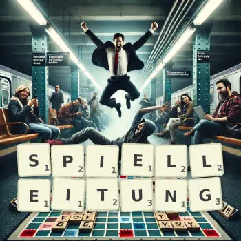 Kreative Illustration für ein Scrabble-Spiel, bei dem das Wort SPIELLEITUNG mit Steinen auf dem Brett gelegt wurde.