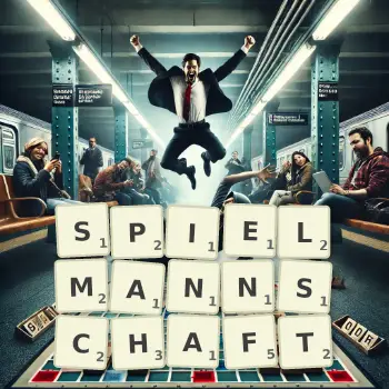 Kreative Illustration für ein Scrabble-Spiel, bei dem das Wort SPIELMANNSCHAFT mit Steinen auf dem Brett gelegt wurde.