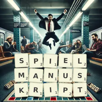 Kreative Illustration für ein Scrabble-Spiel, bei dem das Wort SPIELMANUSKRIPT mit Steinen auf dem Brett gelegt wurde.