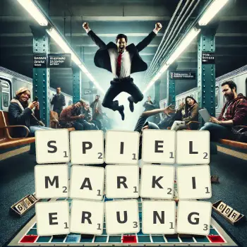 Kreative Illustration für ein Scrabble-Spiel, bei dem das Wort SPIELMARKIERUNG mit Steinen auf dem Brett gelegt wurde.