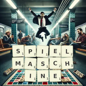 Kreative Illustration für ein Scrabble-Spiel, bei dem das Wort SPIELMASCHINE mit Steinen auf dem Brett gelegt wurde.