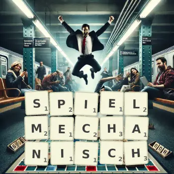 Kreative Illustration für ein Scrabble-Spiel, bei dem das Wort SPIELMECHANISCH mit Steinen auf dem Brett gelegt wurde.