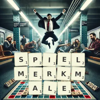 Kreative Illustration für ein Scrabble-Spiel, bei dem das Wort SPIELMERKMALE mit Steinen auf dem Brett gelegt wurde.