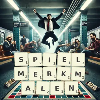 Kreative Illustration für ein Scrabble-Spiel, bei dem das Wort SPIELMERKMALEN mit Steinen auf dem Brett gelegt wurde.