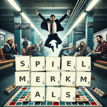 Kreative Illustration für ein Scrabble-Spiel, bei dem das Wort SPIELMERKMALS mit Steinen auf dem Brett gelegt wurde.