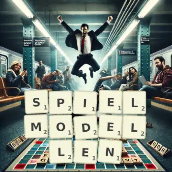Kreative Illustration für ein Scrabble-Spiel, bei dem das Wort SPIELMODELLEN mit Steinen auf dem Brett gelegt wurde.